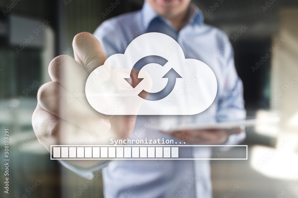 Poster cloud synchronization, data storage, internet and computing concept on virtual screen.