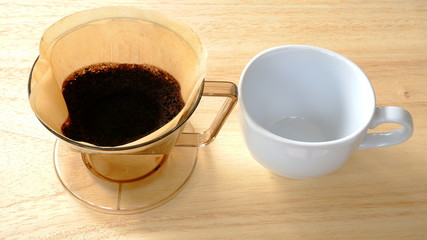 cup of coffee on table and dripper