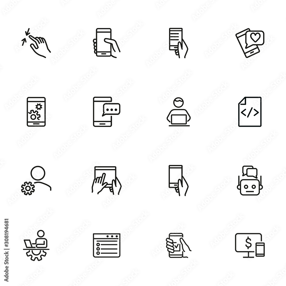 Poster mobile development line icon set. phone, smartphone, gadget using. business concept. can be used for
