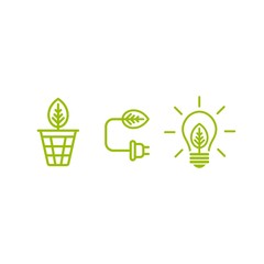 Eco line icons set isolated on white. electrical plug, bulb and trash bin or basket with green leaf.