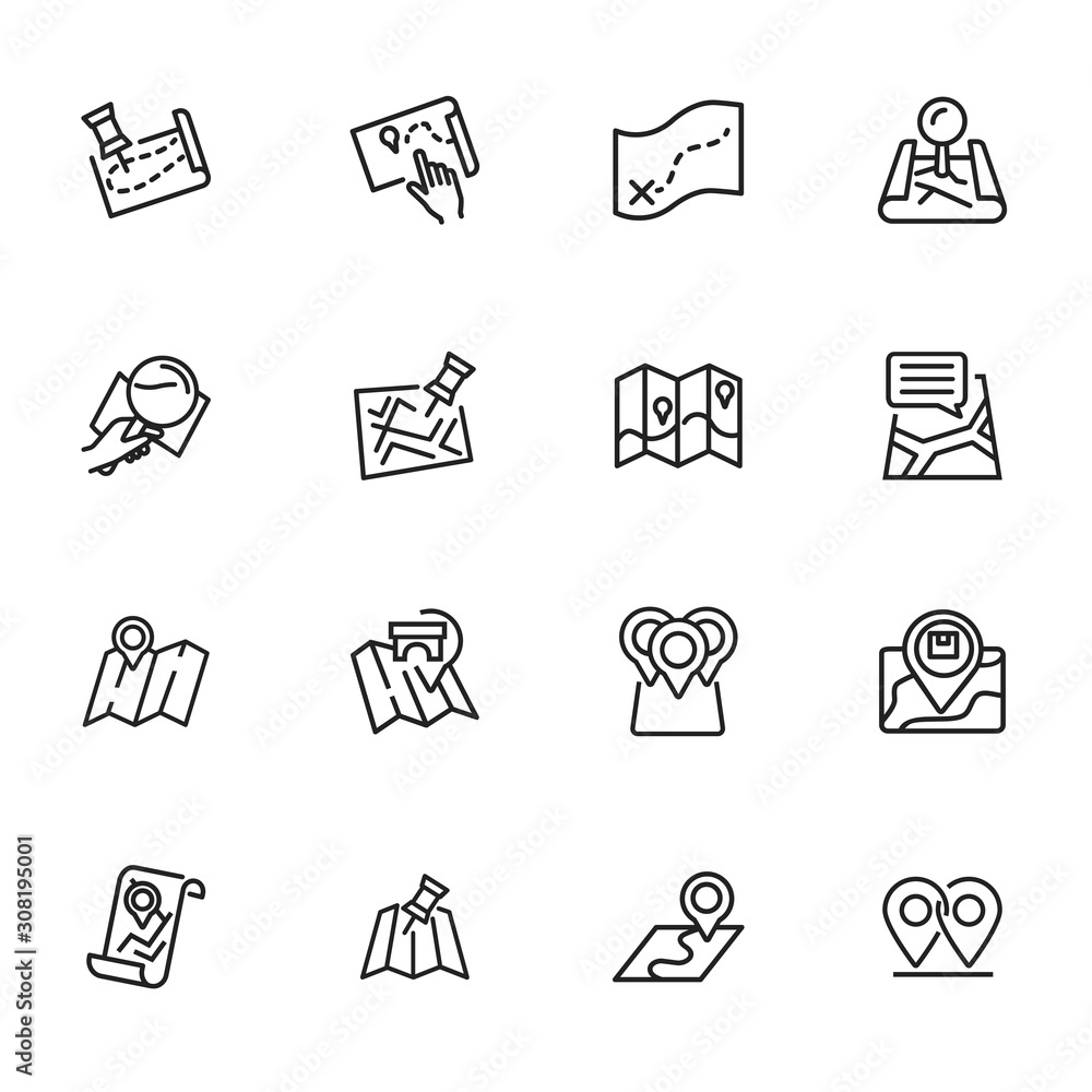 Poster navigation icon. set of line icons on white background. map, route, location. guide concept. vector 