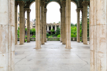 The ruins of the old Soviet sanatorium Medea, whose architecture which is basically a synthesis of Stalinist period classical style and of Georgian ethnic decor with Gothic and Roman features