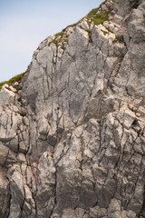 view of beautiful landscape in the Alps with fresh green meadows and  trees of forest at mountain sunny day with blue sky and clouds in springtime.