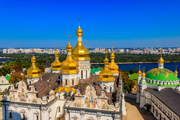 Fototapeta na wymiar View of Kiev Pechersk Lavra (Kiev Monastery of the Caves) and the Dnieper river in Ukraine. View from Great Lavra Bell Tower