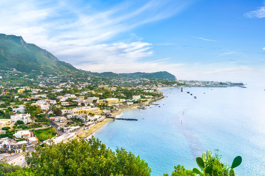 Ischia island and Forio beach coast panorama. Campania, Italy.