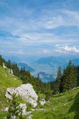 Fototapeta na wymiar view of beautiful landscape in the Alps with fresh green meadows and trees of forest at mountain sunny day with blue sky and clouds in springtime.