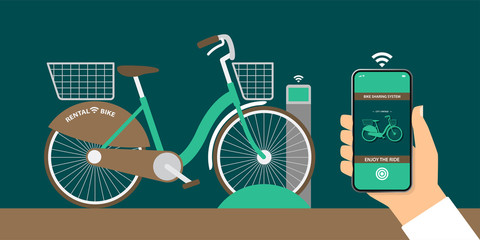 flat design illustration vector, bicycle sharing system with special bike rack, hand holding smartphone with bike rental app that ready to release bike rack via internet, smart technology concept.