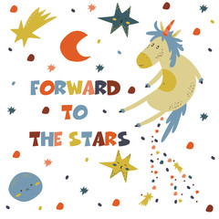 poster with colorful unicorn in the cosmos. Doodle star and moon. Vector illustration