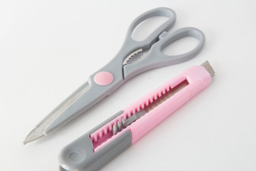 Office knife and scissors close up