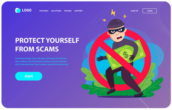 anti-fraud landing page. a thief steals your money. Flat character vector illustration.