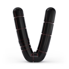 Capital letter V. Uppercase. Metallic futuristic black font. 3d.
