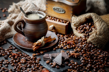 Black coffee on an old background in a cup