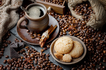 Black coffee on an old background in a cup