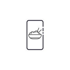 Outline icon of vector smartphone with ramen bowl noodles and chopstick. Asian restaurant food logo. Spaghetti illustration sign.