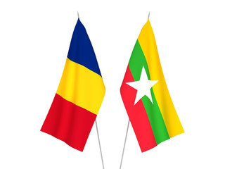 National fabric flags of Romania and Myanmar isolated on white background. 3d rendering illustration.