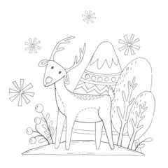 Deer. Merry Christmas Coloring page. Black and white background. Coloring page for kids.