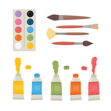 Painting tools elements cartoon colorful vector set. Art supplies paint tubes, brushes, watercolor, palette.