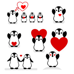 Isolated vector penguin logo. Designed animals icon. Cartoon illustration. Winter signs. Black, white and red. Graphic set for St.Valentines Day.Flat heart symbol. Love greeting card. Amour collection