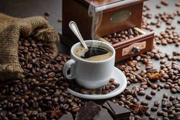 Black coffee on an old background in a cup