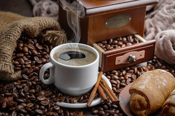 Black coffee on an old background in a cup