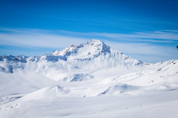Winter panoramic view of the snowy high mountains of Elbrus in the Russia