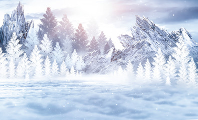 Fototapeta na wymiar Winter abstract landscape. Sunlight in the winter forest. 