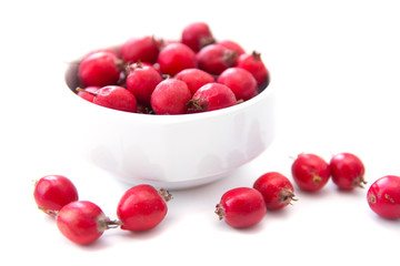 Berries Crataegus Oxyacantha, which is also known as Hawthorn. Berries are in the white cup, isolated over white background. Health concept. Herbal medicine. Selective focus