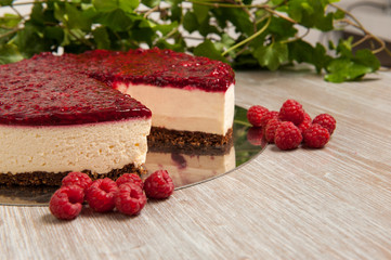 Close up detail of cheesecake with raspberry toping