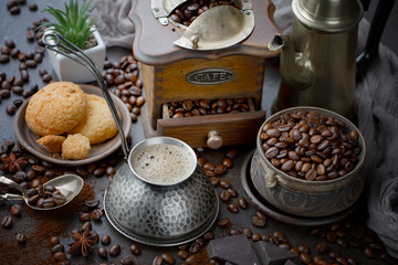 Black coffee on an old background in a cup