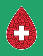 Blood Cells and cross in the shape of a blood droplet on a green background - Vector illustration