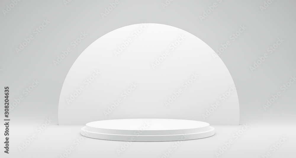 Poster Pedestal of Platform display with modern stand podium on white room background. Blank Exhibition stage backdrop or empty product shelf. 3D rendering.