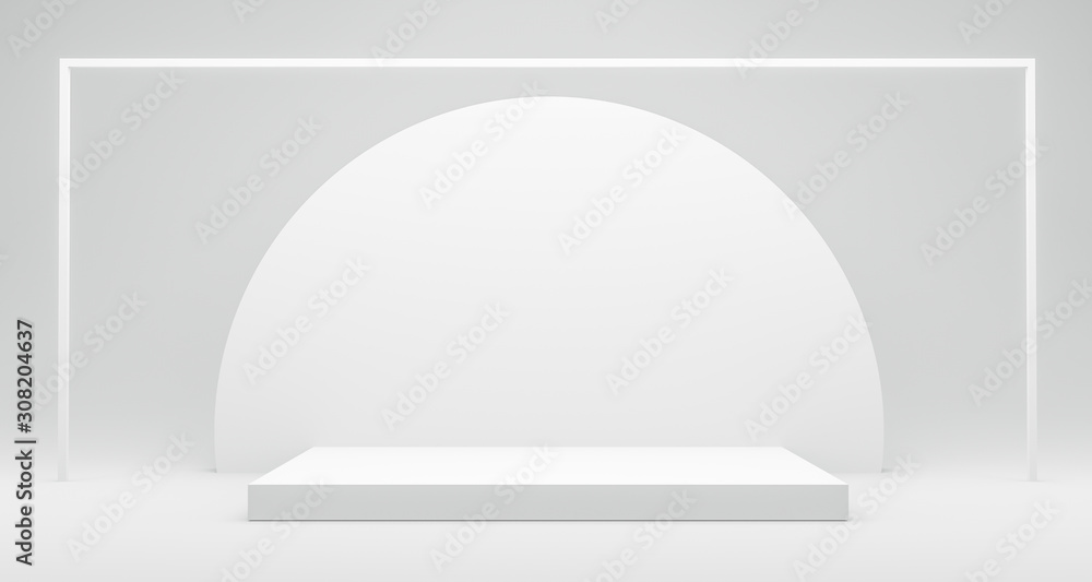 Fototapete Pedestal of Platform display with modern stand podium on white room background. Blank Exhibition stage backdrop or empty product shelf. 3D rendering.