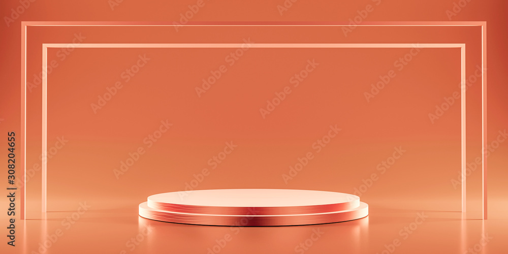 Poster Gold Pedestal of platform display with modern stand podium on golden room background. Blank Exhibition stage backdrop or empty product shelf. 3D rendering.