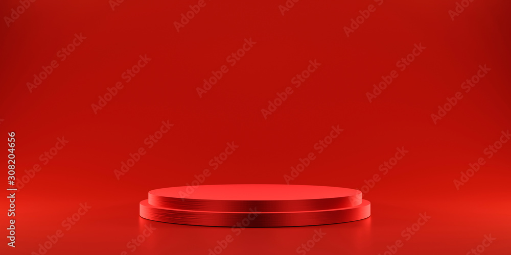 Poster Pedestal of platform display with modern stand podium on red room background. Blank Exhibition stage backdrop or empty product shelf. 3D rendering.