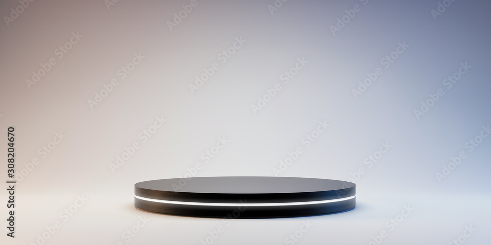 Leinwandbilder black pedestal of platform display with neon modern stand podium on white room background. blank exh
