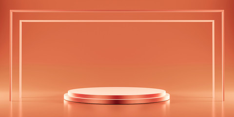 Gold Pedestal of platform display with modern stand podium on golden room background. Blank Exhibition stage backdrop or empty product shelf. 3D rendering.