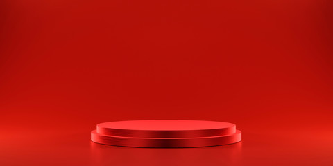 Pedestal of platform display with modern stand podium on red room background. Blank Exhibition stage backdrop or empty product shelf. 3D rendering.