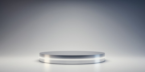 Silver Pedestal of platform display with neon modern stand podium on white room background. Blank Exhibition stage backdrop or empty product shelf. 3D rendering. - obrazy, fototapety, plakaty