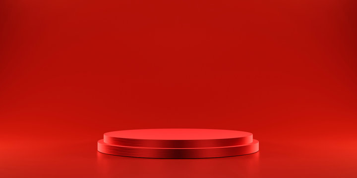 Pedestal of platform display with modern stand podium on red room background. Blank Exhibition stage backdrop or empty product shelf. 3D rendering.