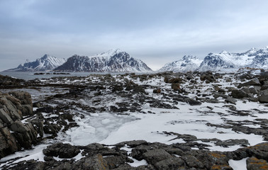 Lofoten islands, Norway. Rocky coast of fjord in winter with snow and ice. Snowy mountains in the...