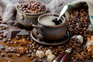 Black coffee on an old background in a cup