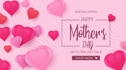Mother's day sale background with 3d heart balloons. Vector illustration for Mothers and Women's day, 8 March