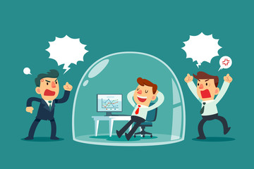 businessman relaxing inside glass dome while others colleagues shouting © blocberry