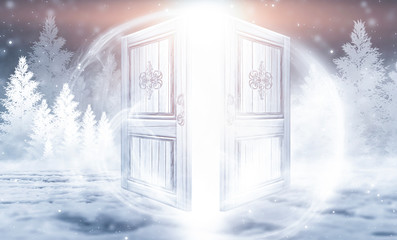 Open doors in a snowy forest. Forest in the snow and the magical atmosphere of the New Year, open new. Frosty day, sunlight in the forest.