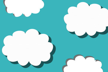 White clouds on blue sky with paper cut effect. Perspective 3D view illustration background with shadows. Creative design banner