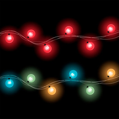 Round multi-colored christmas lights. Colorful lights on the wires. Lights to decorate and create a new year mood. Vector