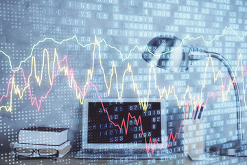 Multi exposure of chart and financial info and work space with computer background. Concept of international online trading.