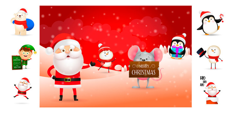 Merry Christmas card with Santa Claus and helpers. Text with decorations can be used for invitation and greeting card. New Year concept