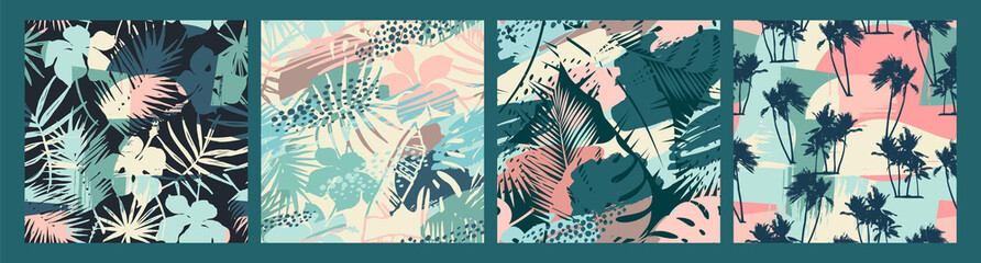 Seamless exotic patterns with tropical plants and artistic background.
