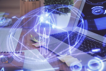 Desktop computer background and education theme drawing. Double exposure. Study concept.